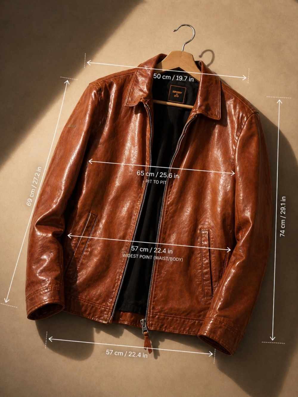 Superdry Men’s Genuine Lambskin Biker Leather Jacket Brown Size 2XL Full Zip - Picture 10 of 16